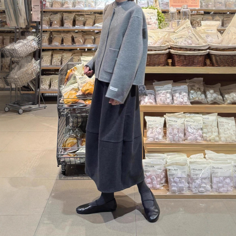 Duga vunena suknja s A-linijom, visoki pojas, japansko-korejski casual stil (5% vuna, vuneni materijal, bez elastana)