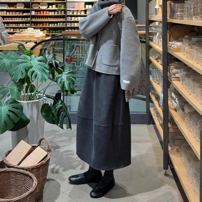 Duga vunena suknja s A-linijom, visoki pojas, japansko-korejski casual stil (5% vuna, vuneni materijal, bez elastana)