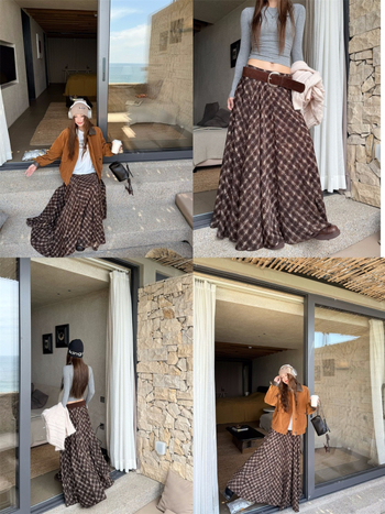 Suknja s visokim strukom, mrežasti uzorak, pamuk, duga, širokog kroja