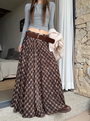 Suknja s visokim strukom, mrežasti uzorak, pamuk, duga, širokog kroja