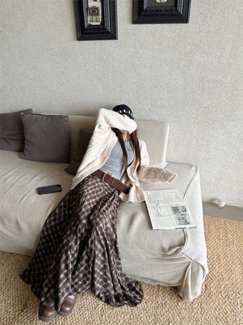 Suknja s visokim strukom, mrežasti uzorak, pamuk, duga, širokog kroja