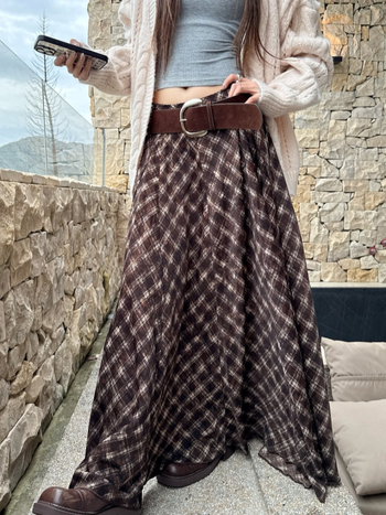 Suknja s visokim strukom, mrežasti uzorak, pamuk, duga, širokog kroja