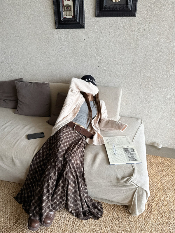 Suknja s visokim strukom, mrežasti uzorak, pamuk, duga, širokog kroja