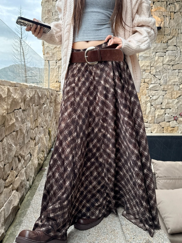 Suknja s visokim strukom, mrežasti uzorak, pamuk, duga, širokog kroja