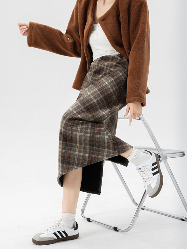 Kockasta polusuknja, vuneno-mješavina tkanine, srednja duljina, casual japansko-korejski stil, poliester vlakno