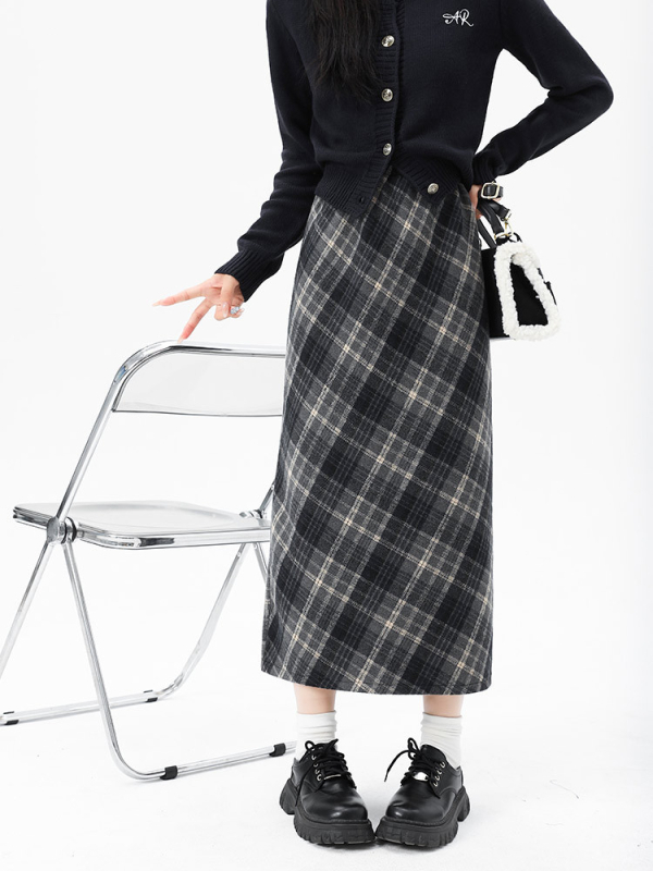 Kockasta polusuknja, vuneno-mješavina tkanine, srednja duljina, casual japansko-korejski stil, poliester vlakno