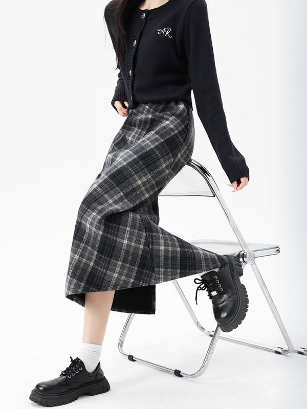 Kockasta polusuknja, vuneno-mješavina tkanine, srednja duljina, casual japansko-korejski stil, poliester vlakno