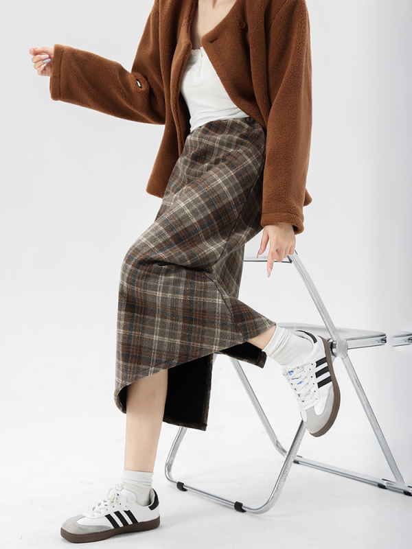 Kockasta polusuknja, vuneno-mješavina tkanine, srednja duljina, casual japansko-korejski stil, poliester vlakno