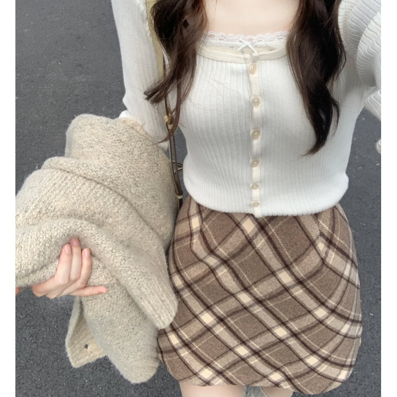 Kockasta polusuknja, vuneno-mješavina tkanine, srednja duljina, casual japansko-korejski stil, poliester vlakno