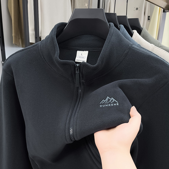 Geacă din fleece pentru bărbați, guler înălțat, fermoar, gros, buzunare laterale