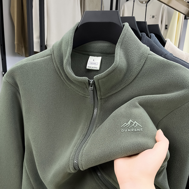 Geacă din fleece pentru bărbați, guler înălțat, fermoar, gros, buzunare laterale