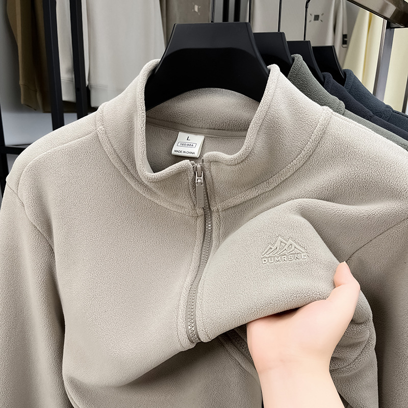 Geacă din fleece pentru bărbați, guler înălțat, fermoar, gros, buzunare laterale