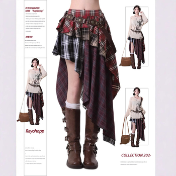 Nepravilna plisirana suknja s kariranim uzorkom, visokim strukom, A-linijska silueta, 95% poliester