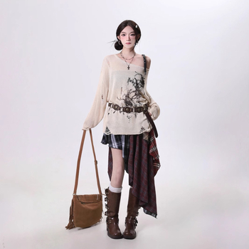 Nepravilna plisirana suknja s kariranim uzorkom, visokim strukom, A-linijska silueta, 95% poliester