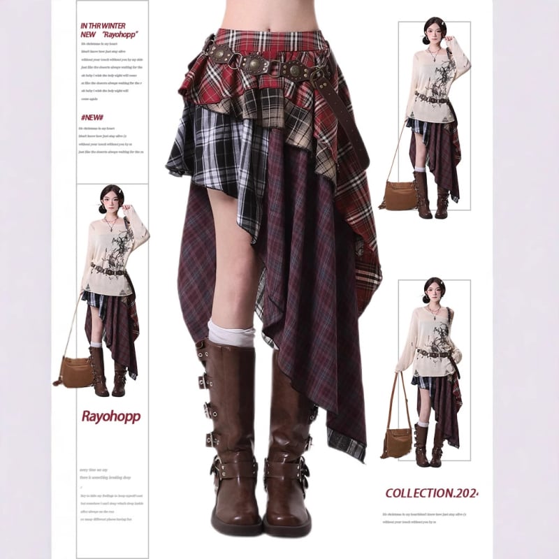 Nepravilna plisirana suknja s kariranim uzorkom, visokim strukom, A-linijska silueta, 95% poliester