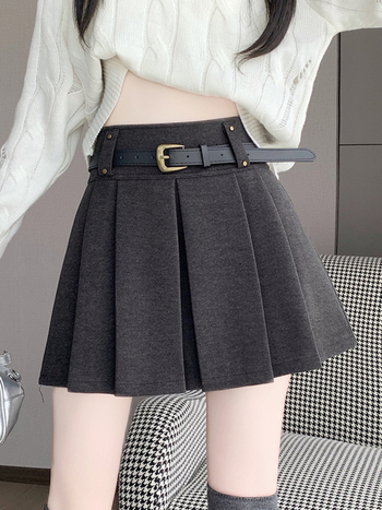 Plisirana suknja A-linije, visokog struka, kratka duljina, vunena mješavina materijala