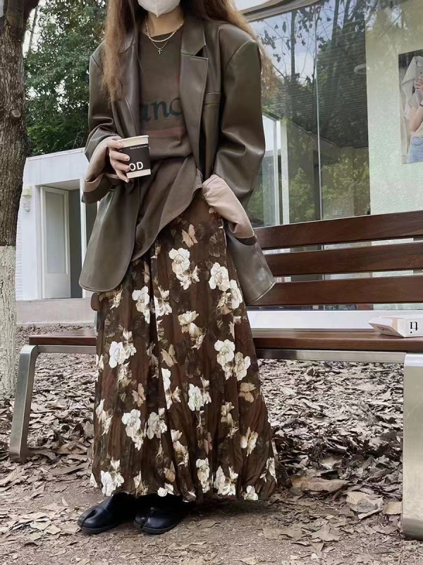 Duga suknja s visokim strukom, tie-dye print, od poliestera, zima 2025