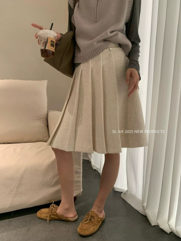 Ženska plisirana midi suknja od vune – neelastična, jesen 2025