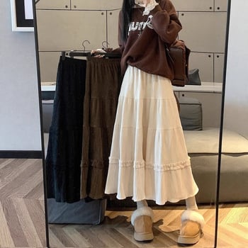 A-linijska suknja od korduroja s čipkastim rubom, visokim strukom, srednjom duljinom, geometrijski uzorak, blaga rastezljivost