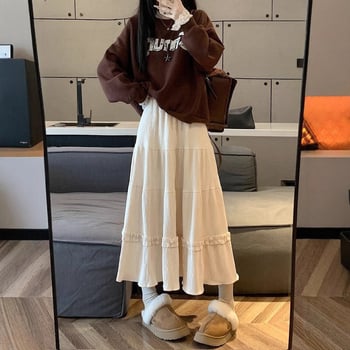 A-linijska suknja od korduroja s čipkastim rubom, visokim strukom, srednjom duljinom, geometrijski uzorak, blaga rastezljivost