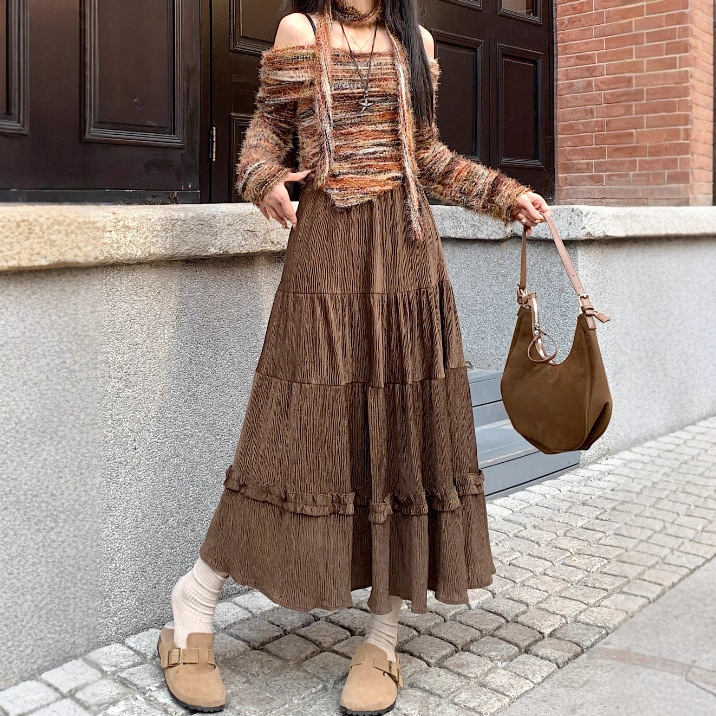 A-linijska suknja od korduroja s čipkastim rubom, visokim strukom, srednjom duljinom, geometrijski uzorak, blaga rastezljivost