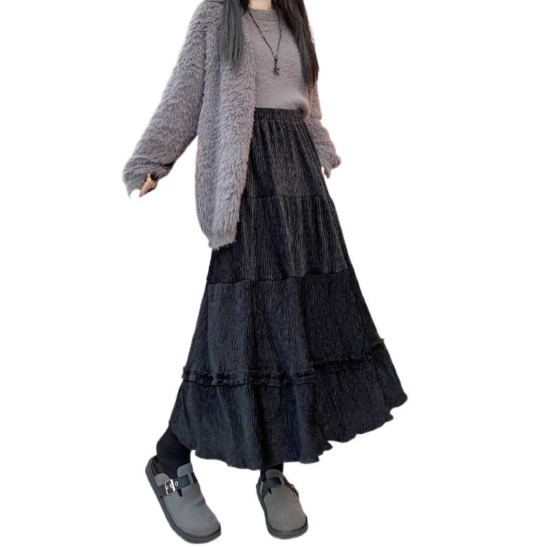 A-linijska suknja od korduroja s čipkastim rubom, visokim strukom, srednjom duljinom, geometrijski uzorak, blaga rastezljivost