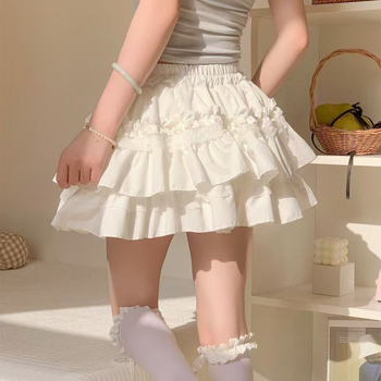 Bijela čipkasta tutu suknja za žene, slatkog stila, A-linijska mini, visokim strukom, vitka silueta, baletni stil (Uzorak: Figura; Tkanina: Poliester + Viskoza; Duljina: Mini; Elastičnost: Visoka)