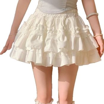 Bijela čipkasta tutu suknja za žene, slatkog stila, A-linijska mini, visokim strukom, vitka silueta, baletni stil (Uzorak: Figura; Tkanina: Poliester + Viskoza; Duljina: Mini; Elastičnost: Visoka)