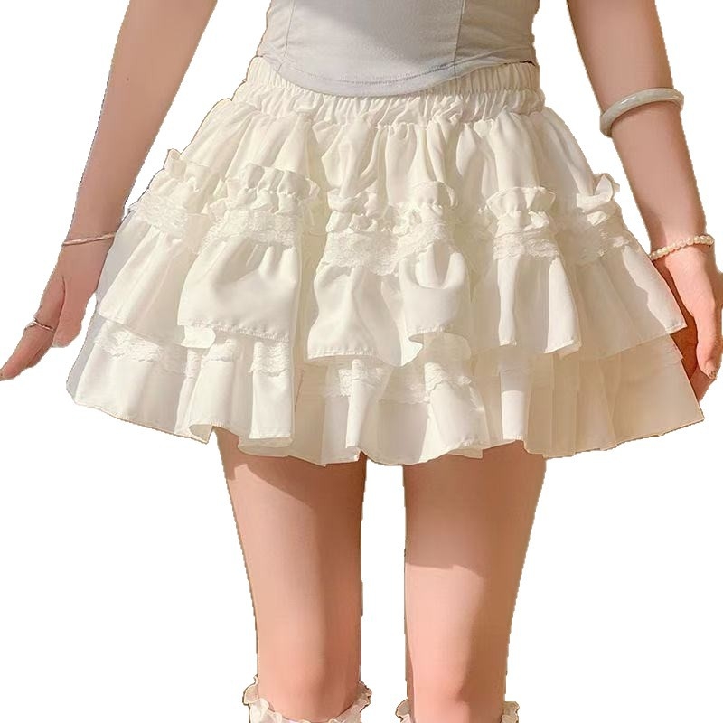 Bijela čipkasta tutu suknja za žene, slatkog stila, A-linijska mini, visokim strukom, vitka silueta, baletni stil (Uzorak: Figura; Tkanina: Poliester + Viskoza; Duljina: Mini; Elastičnost: Visoka)