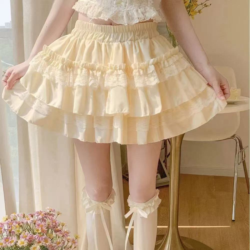 Bijela čipkasta tutu suknja za žene, slatkog stila, A-linijska mini, visokim strukom, vitka silueta, baletni stil (Uzorak: Figura; Tkanina: Poliester + Viskoza; Duljina: Mini; Elastičnost: Visoka)