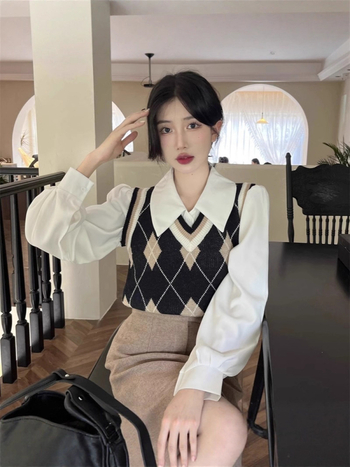 Cămașă de damă cu guler polo, mâneci lungi, chiffon poliester, stil casual japonez-coreean
