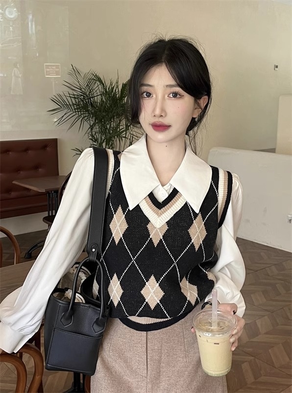 Cămașă de damă cu guler polo, mâneci lungi, chiffon poliester, stil casual japonez-coreean
