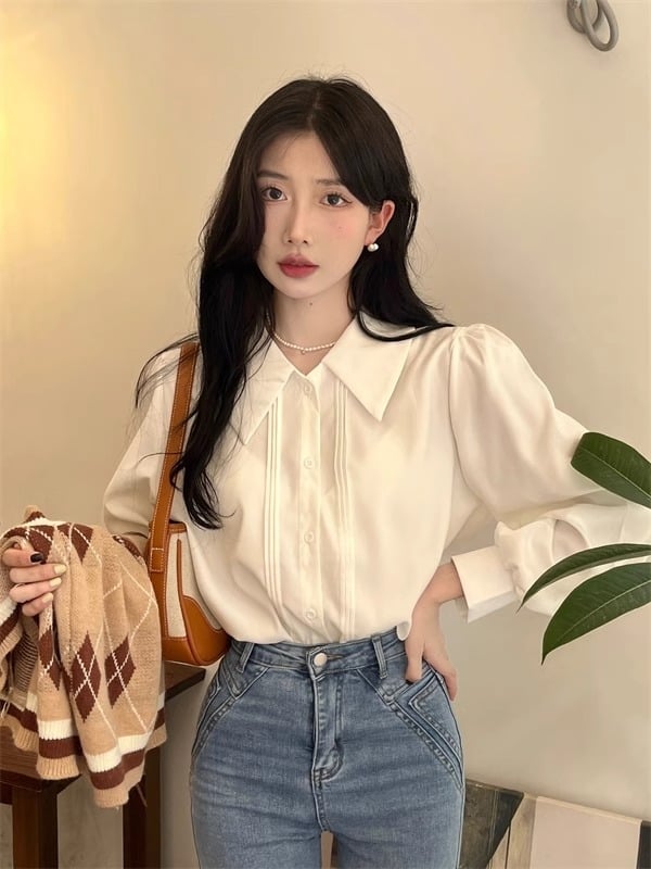 Cămașă de damă cu guler polo, mâneci lungi, chiffon poliester, stil casual japonez-coreean