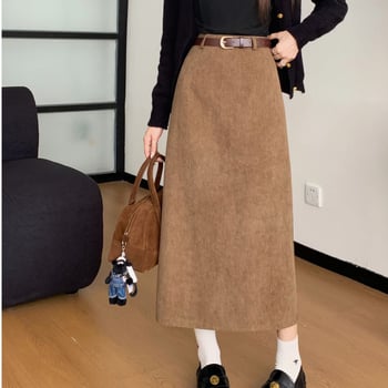 Dlhá sukňa corduroy–polyester zmesi, wrap strih, s rozparkom, elegantný pracovný štýl