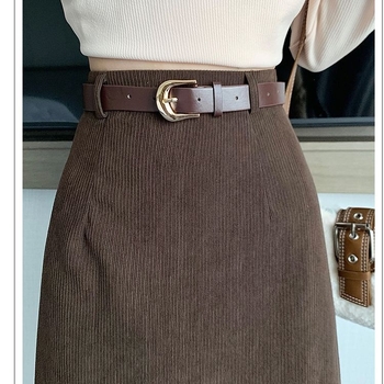 Dlhá sukňa corduroy–polyester zmesi, wrap strih, s rozparkom, elegantný pracovný štýl