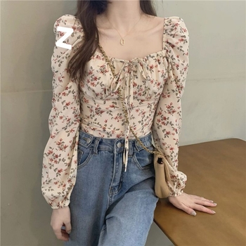 Πουκάμισο από σιφόν με φλοράλ μοτίβο, μακριά φουσκωτά μανίκια, τετράγωνος γιακάς, στυλ πουλόβερ, κανονική γραμμή, άνοιξη 2025