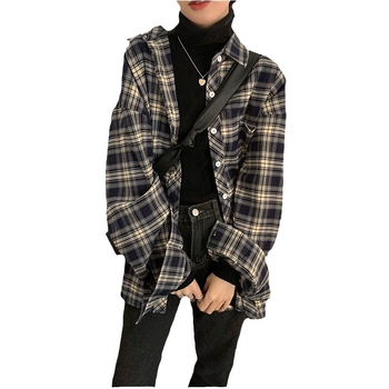 Памучна риза с каре шарка, кардиган-подобен небрежен стил, свободна кройка, дълъг ръкав