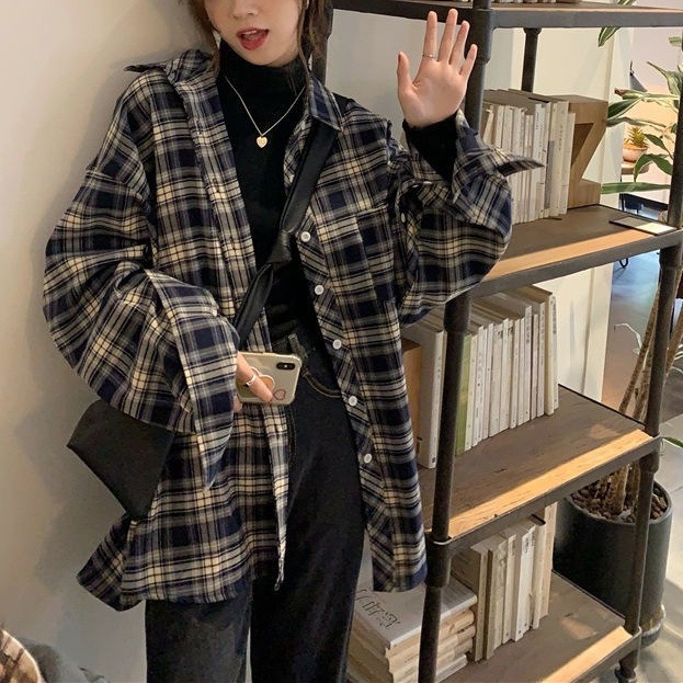 Памучна риза с каре шарка, кардиган-подобен небрежен стил, свободна кройка, дълъг ръкав