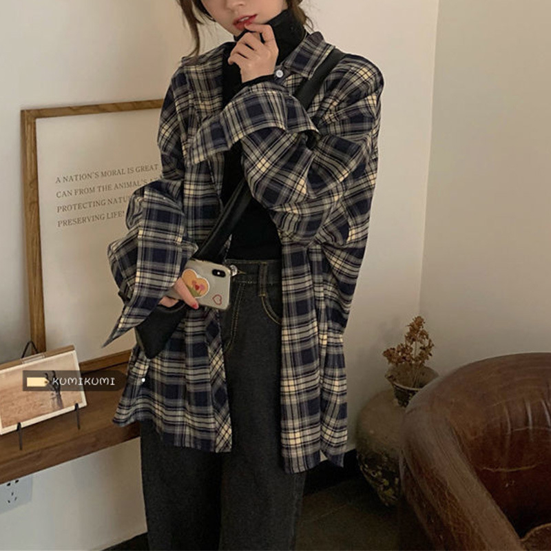 Памучна риза с каре шарка, кардиган-подобен небрежен стил, свободна кройка, дълъг ръкав