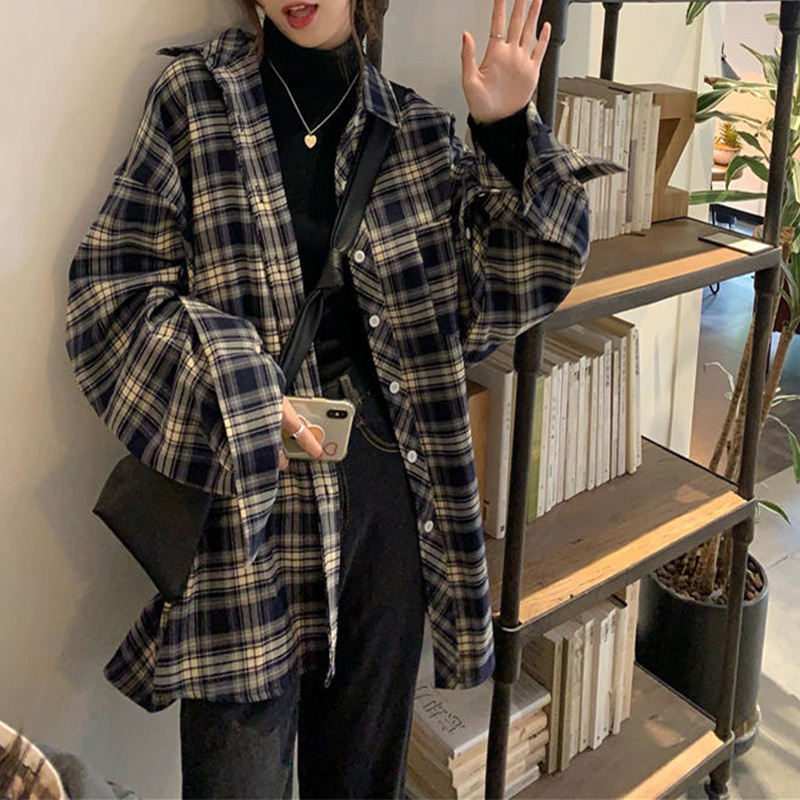 Памучна риза с каре шарка, кардиган-подобен небрежен стил, свободна кройка, дълъг ръкав