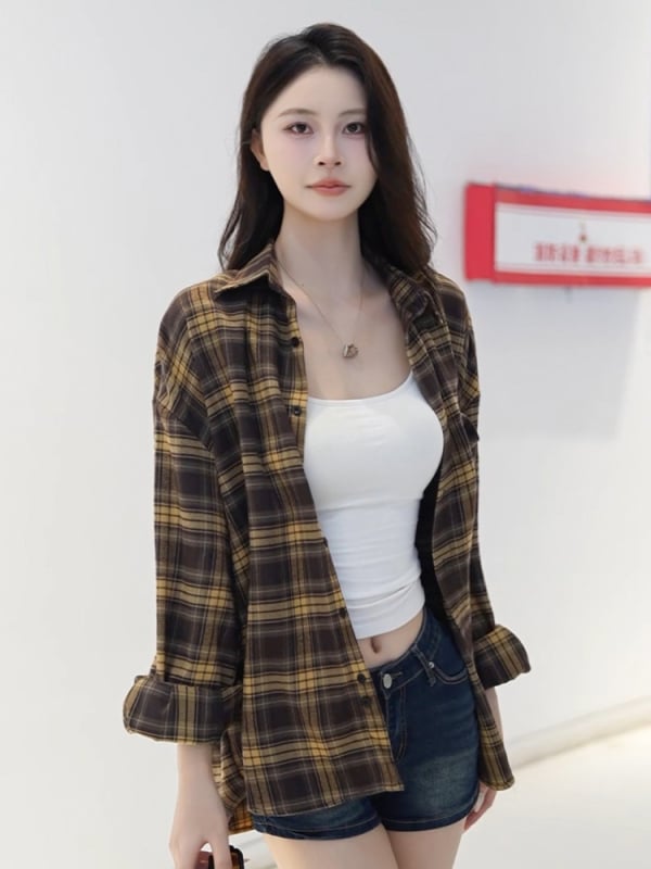 Риза с каре-патчворк, поло яка, дълги ръкави, свободен силует (Средна дължина, памук-смесена тъкан)