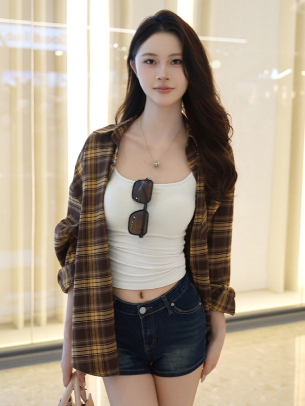 Риза с каре-патчворк, поло яка, дълги ръкави, свободен силует (Средна дължина, памук-смесена тъкан)