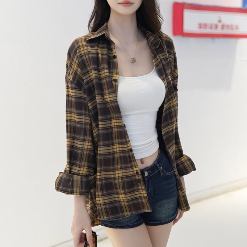 Риза с каре-патчворк, поло яка, дълги ръкави, свободен силует (Средна дължина, памук-смесена тъкан)