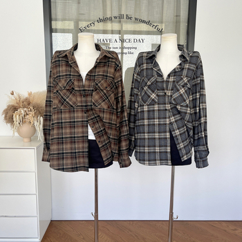 Дамска оверсайз риза в клетка с бръширана повърхност, памук-полиестер; принт: клетка; стил: кардиган и градски; ръкав: дълъг; дължина: нормална