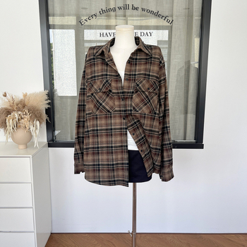 Дамска оверсайз риза в клетка с бръширана повърхност, памук-полиестер; принт: клетка; стил: кардиган и градски; ръкав: дълъг; дължина: нормална