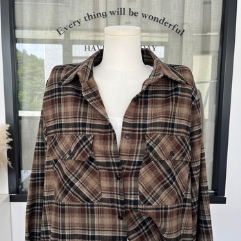 Дамска оверсайз риза в клетка с бръширана повърхност, памук-полиестер; принт: клетка; стил: кардиган и градски; ръкав: дълъг; дължина: нормална