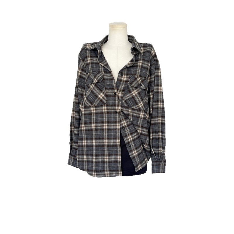 Дамска оверсайз риза в клетка с бръширана повърхност, памук-полиестер; принт: клетка; стил: кардиган и градски; ръкав: дълъг; дължина: нормална