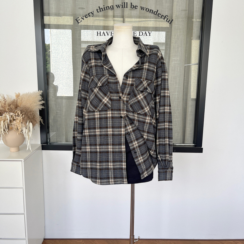 Дамска оверсайз риза в клетка с бръширана повърхност, памук-полиестер; принт: клетка; стил: кардиган и градски; ръкав: дълъг; дължина: нормална