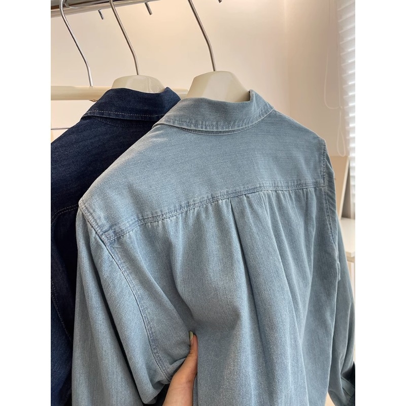 Ženska džins košulja s dugim rukavima, rever ovratnik, standardni kroj, duljina 50-65 cm, denim tkanina s 70-80% poliester