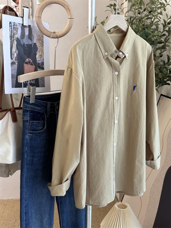 Ženska košulja s dugim rukavima, polo ovratnik, izvezeni detalji, slobodan kroj, srednja duljina